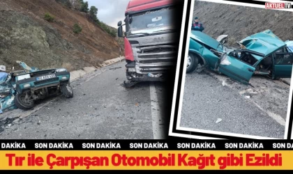 Tır ile Çarpışan Otomobil Kağıt Gibi Ezildi